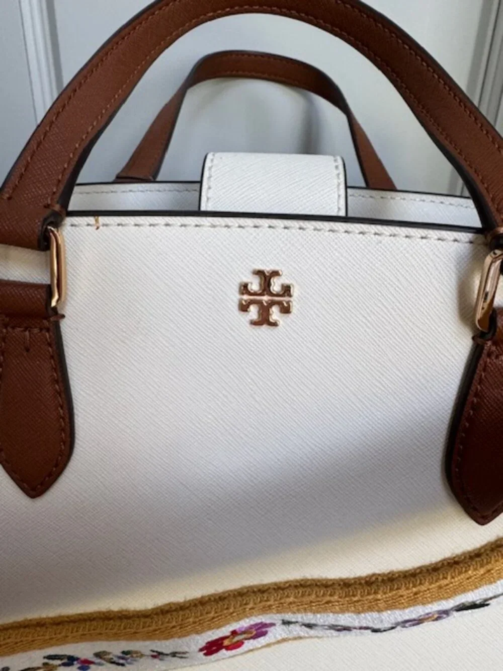 Tory Burch Cream Leather Satchel with Brown Handles and Yellow Floral Strap